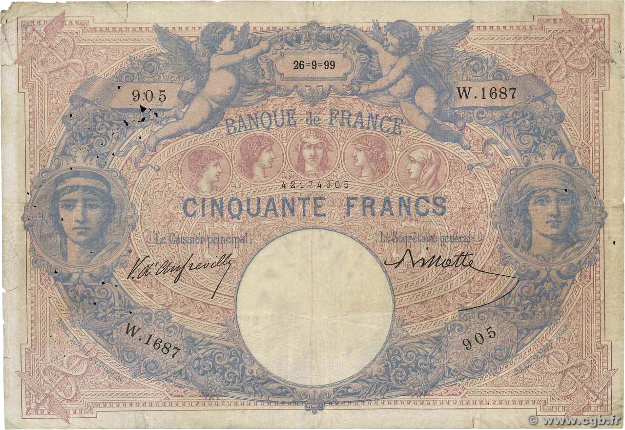 50 Francs BLEU ET ROSE FRANKREICH  1899 F.14.11 fS