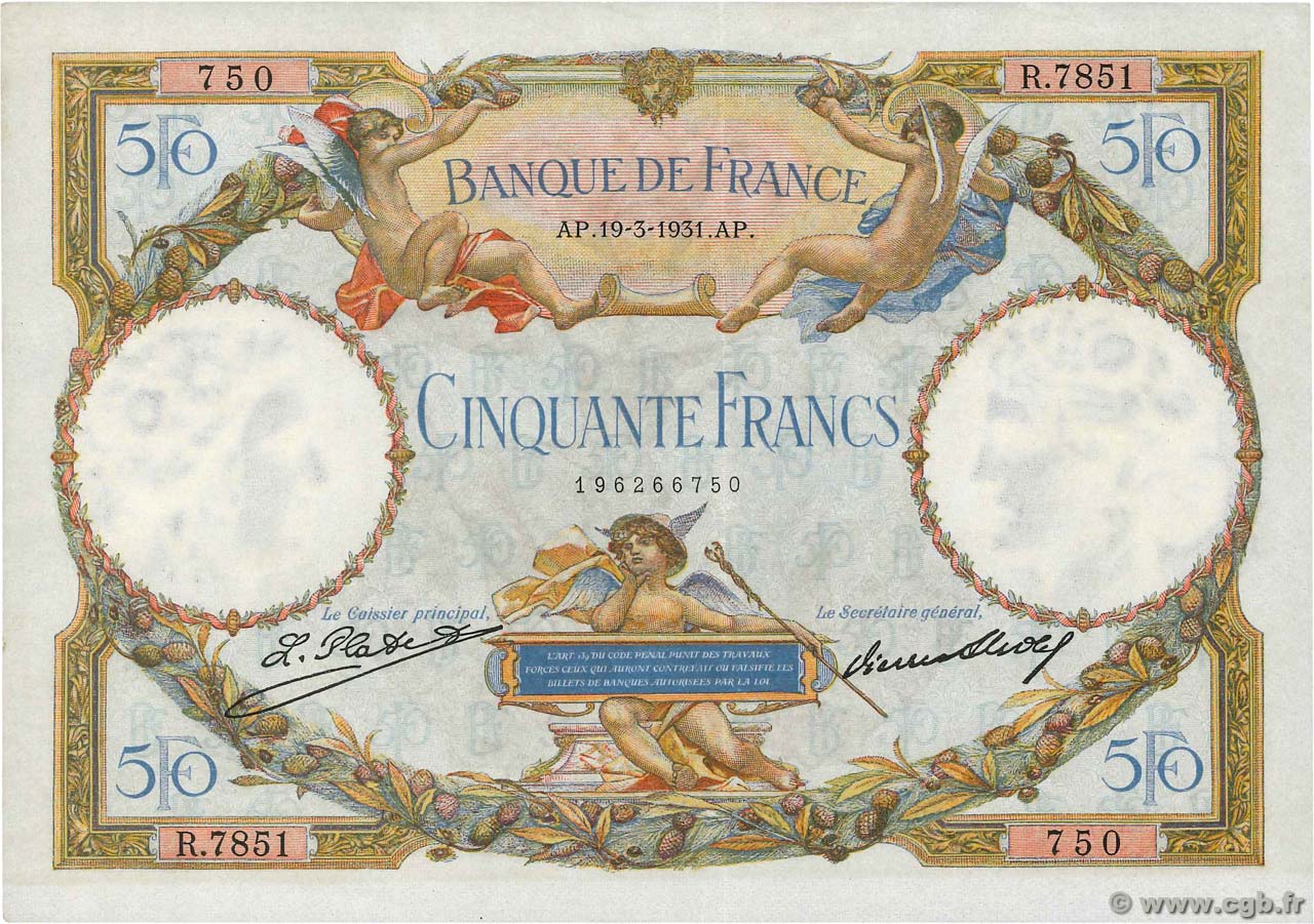 50 Francs LUC OLIVIER MERSON type modifié FRANCE  1931 F.16.02 XF+