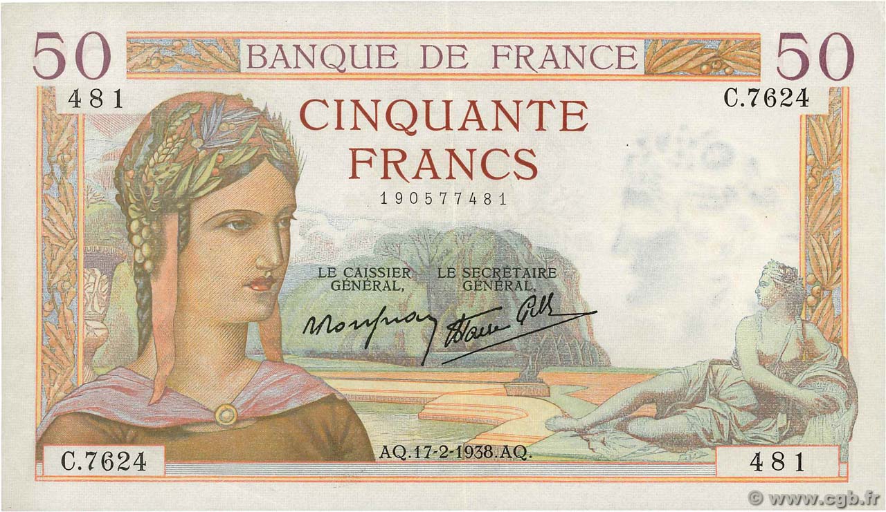 50 Francs CÉRÈS modifié FRANCE  1938 F.18.09 SUP