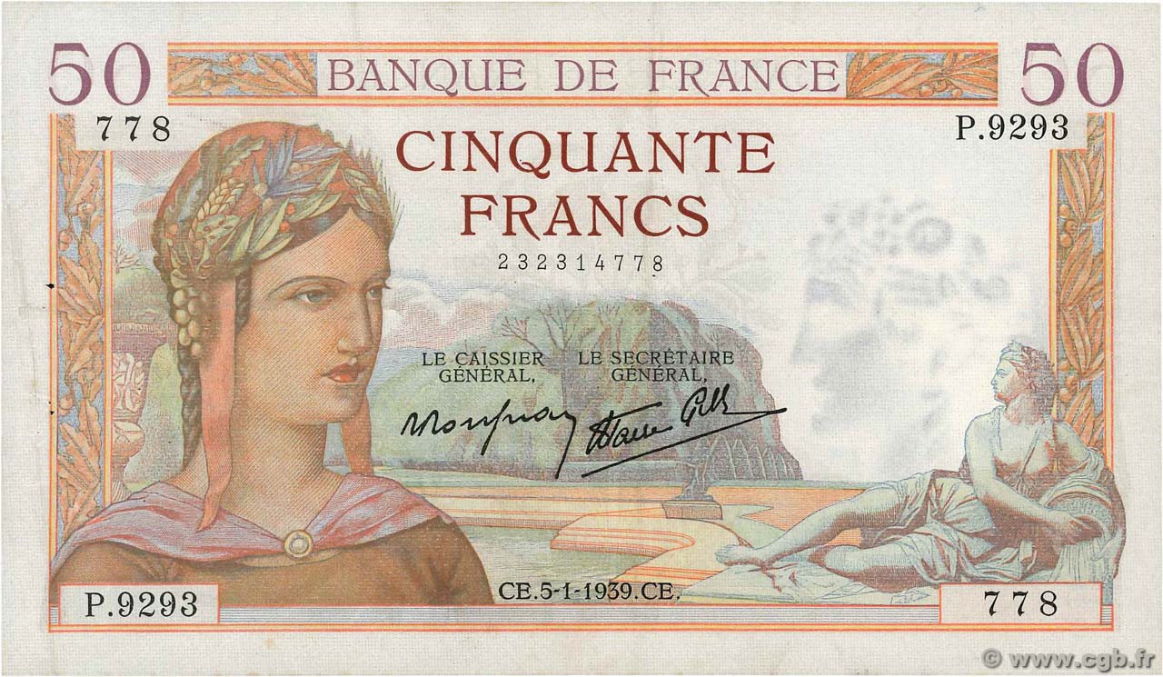 50 Francs CÉRÈS modifié FRANKREICH  1939 F.18.19 SS
