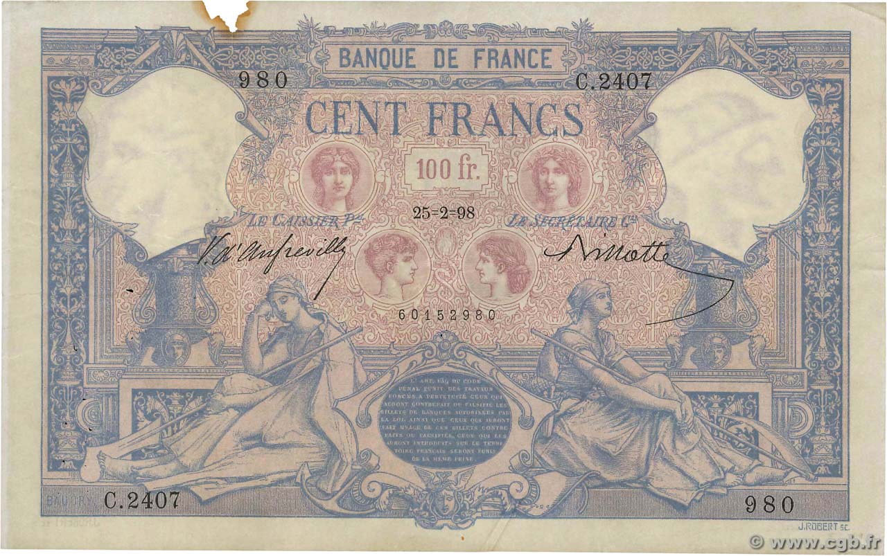 100 Francs BLEU ET ROSE FRANCE  1898 F.21.11 pr.TTB