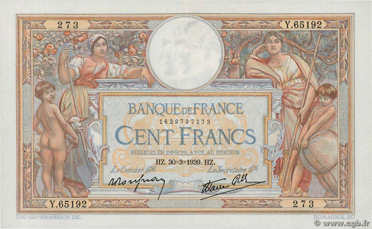 100 Francs LUC OLIVIER MERSON type modifié FRANCIA  1939 F.25.44 SPL+