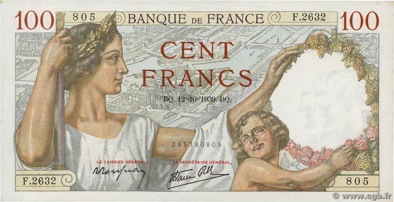 100 Francs SULLY FRANCE  1939 F.26.10 AU-
