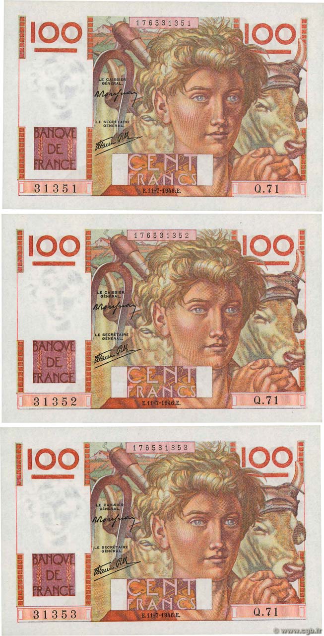 100 Francs JEUNE PAYSAN Consécutifs FRANCE  1946 F.28.06 SPL
