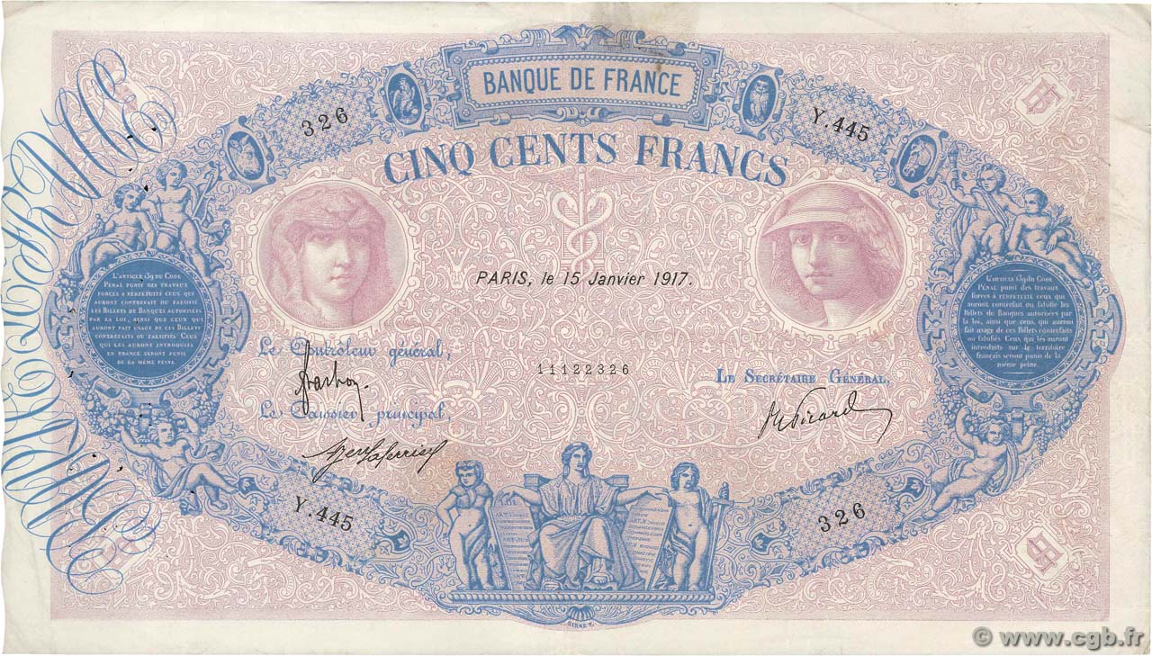 500 Francs BLEU ET ROSE FRANCE  1917 F.30.23 TTB