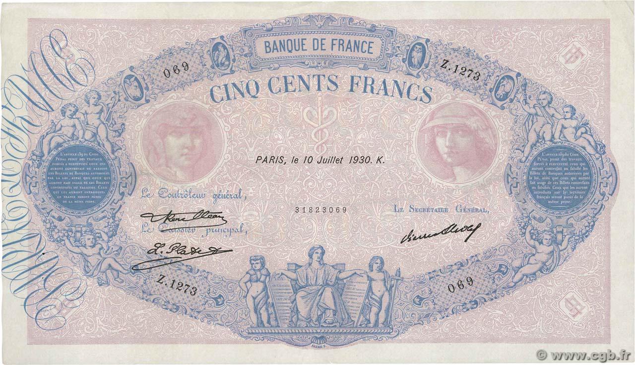 500 Francs BLEU ET ROSE FRANCE  1930 F.30.33 XF+
