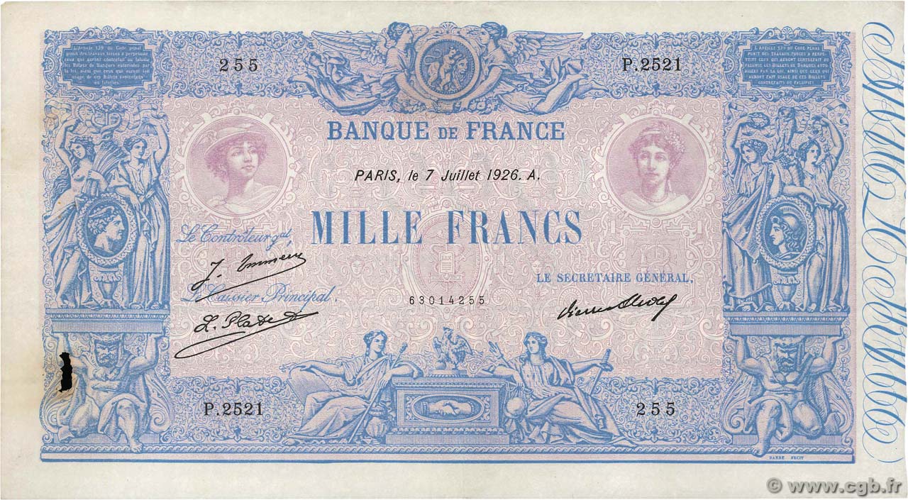 1000 Francs BLEU ET ROSE FRANKREICH  1926 F.36.43 fVZ
