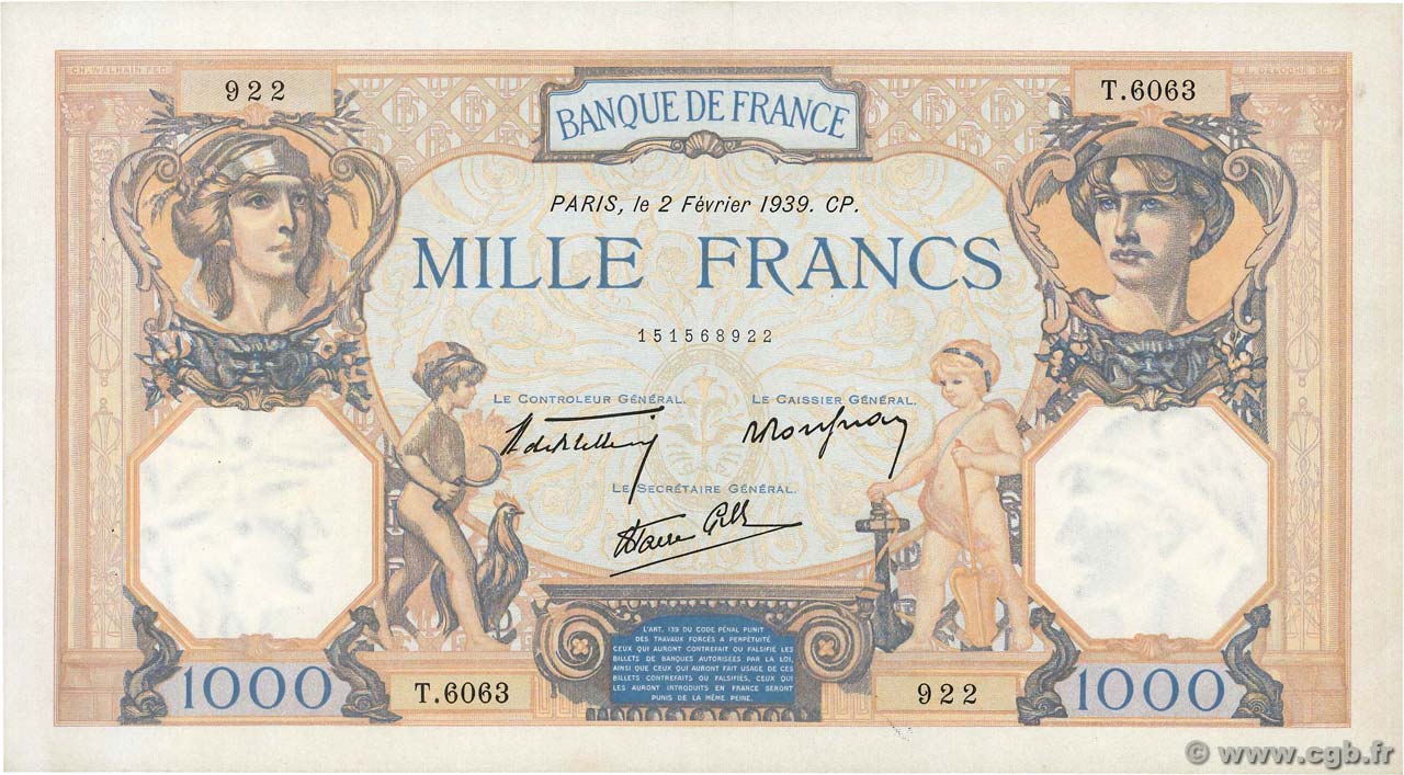 1000 Francs CÉRÈS ET MERCURE type modifié FRANKREICH  1939 F.38.34 fVZ
