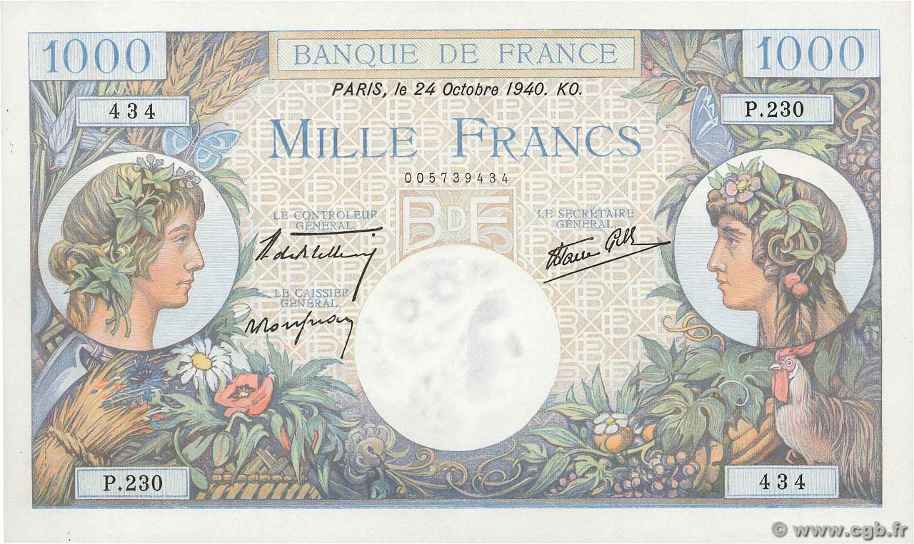 1000 Francs COMMERCE ET INDUSTRIE FRANCIA  1940 F.39.01 SC