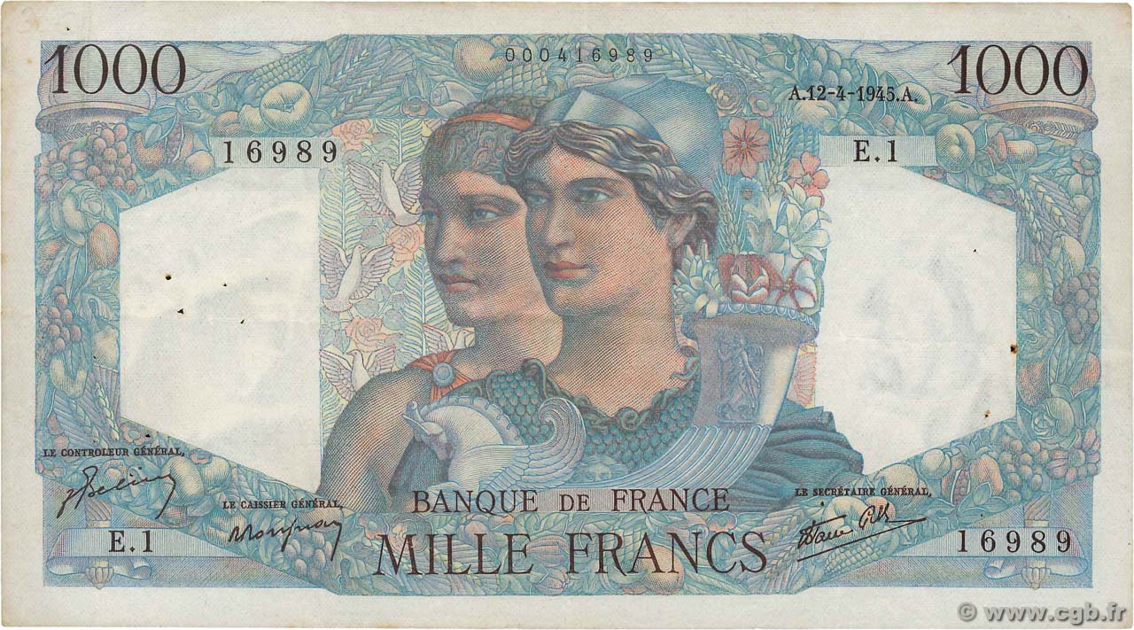 1000 Francs MINERVE ET HERCULE Petit numéro FRANCE  1945 F.41.01 VF