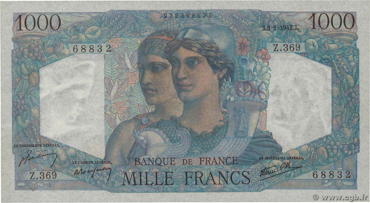 1000 Francs MINERVE ET HERCULE FRANKREICH  1947 F.41.18 VZ