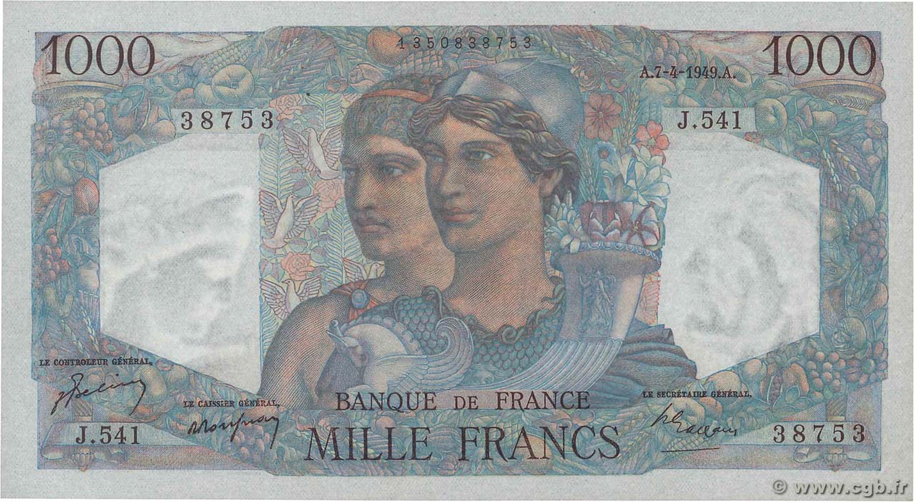 1000 Francs MINERVE ET HERCULE FRANCE  1949 F.41.26 AU