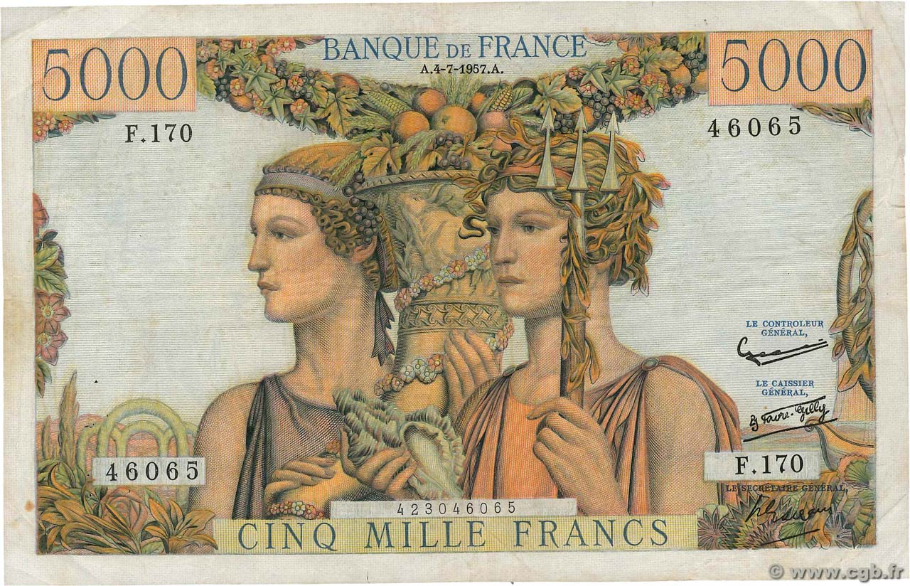5000 Francs TERRE ET MER FRANCIA  1957 F.48.16 BC+