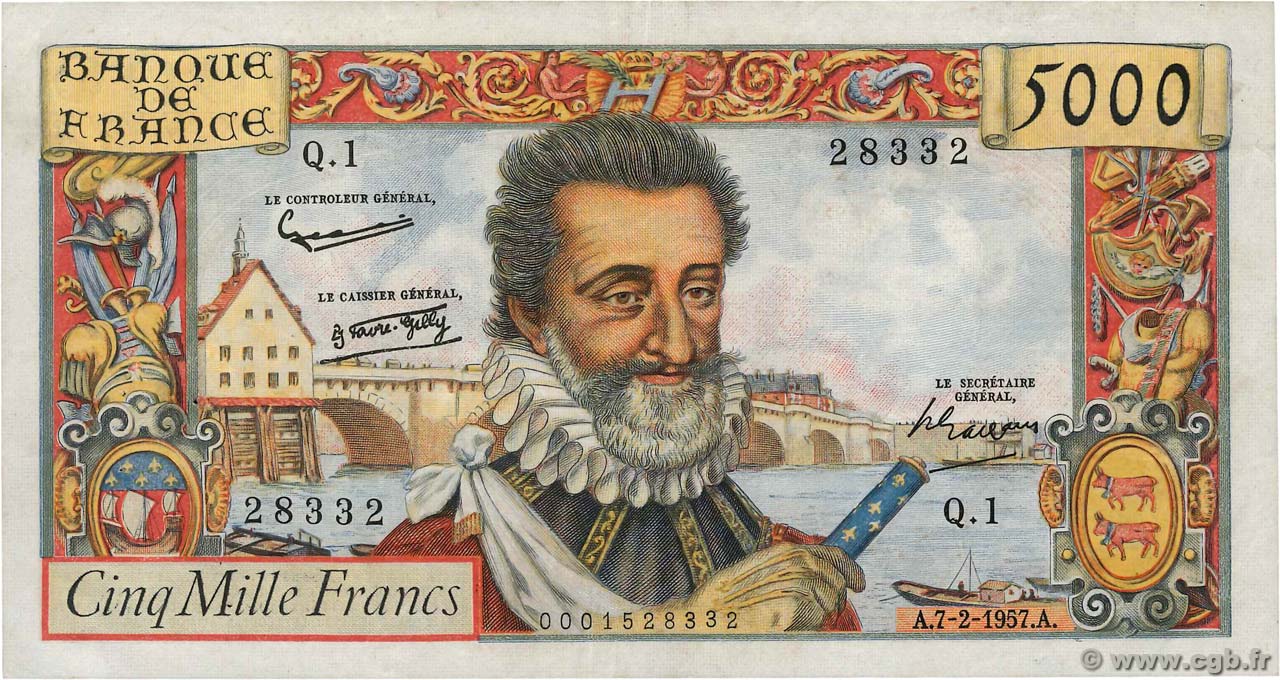 5000 Francs HENRI IV FRANCIA  1957 F.49.01 MBC