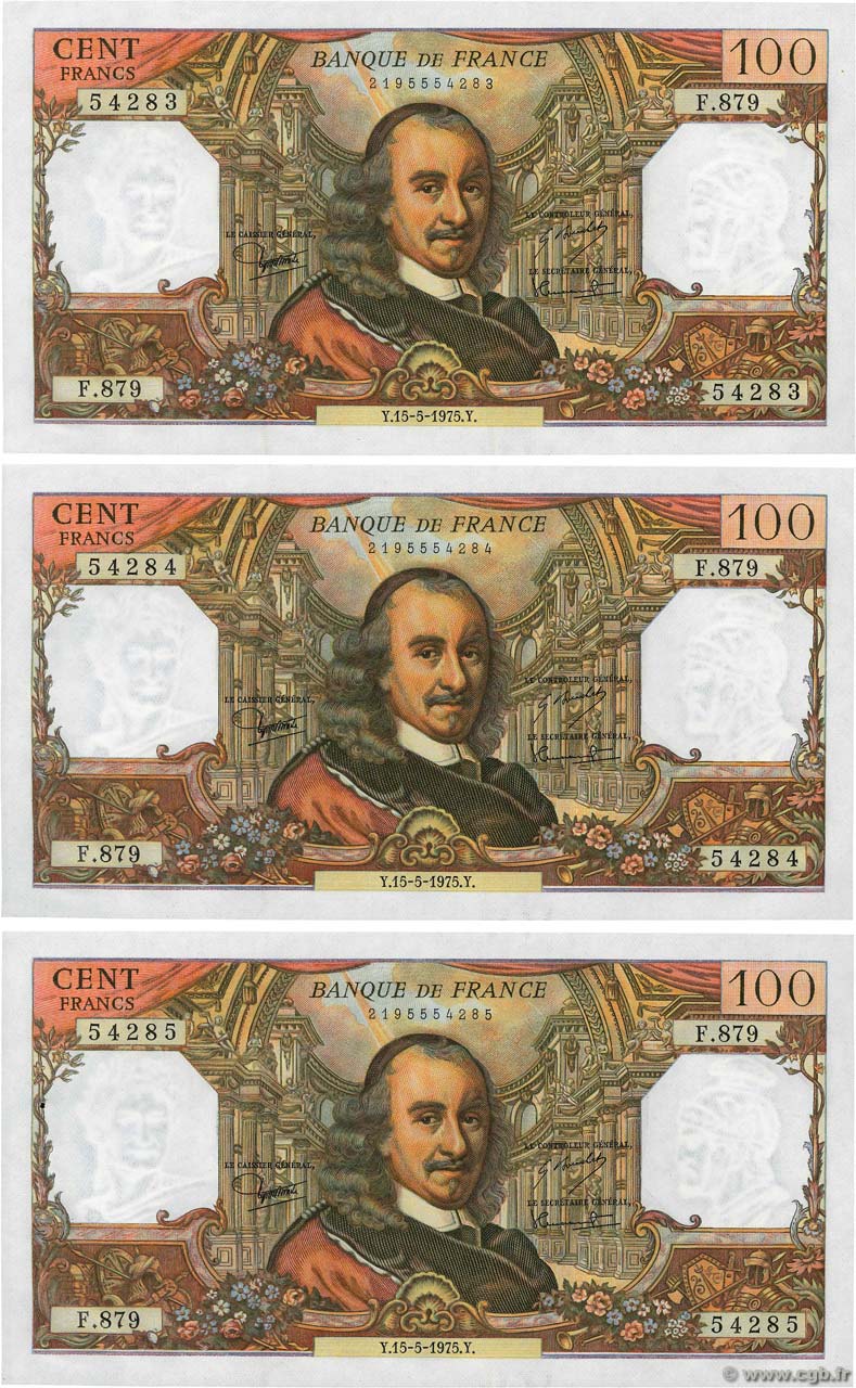100 Francs CORNEILLE Consécutifs FRANCE  1975 F.65.49 AU-