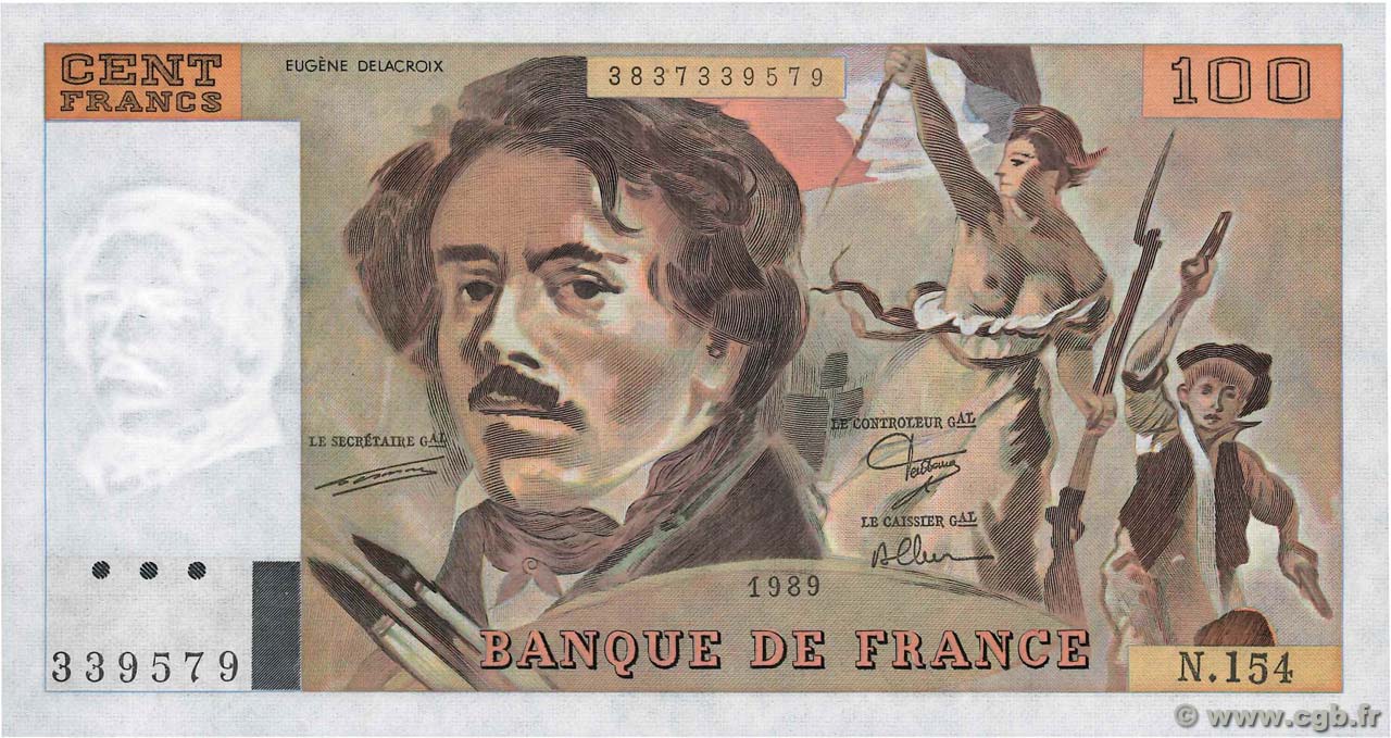 100 Francs DELACROIX modifié FRANCE  1989 F.69.13d UNC-
