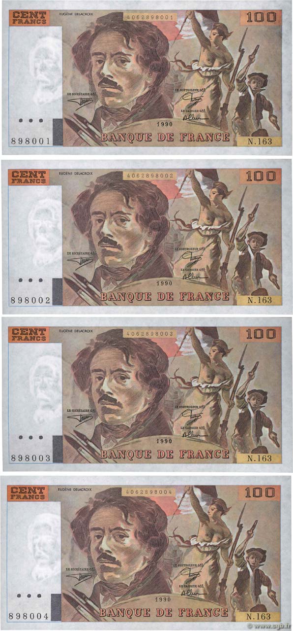 100 Francs DELACROIX imprimé en continu Fauté FRANCIA  1990 F.69bis.02b AU