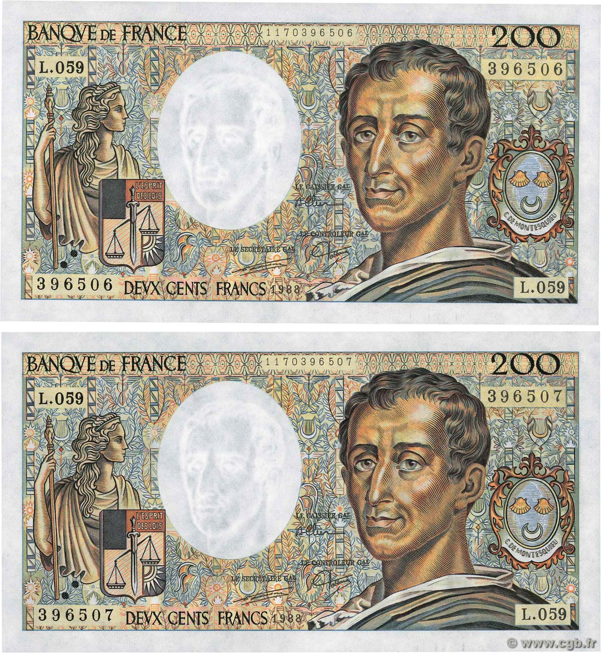 200 Francs MONTESQUIEU Consécutifs FRANCIA  1988 F.70.08 q.FDC