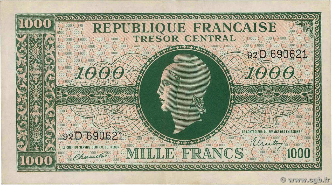 1000 Francs MARIANNE THOMAS DE LA RUE FRANCE  1945 VF.13.01 XF-