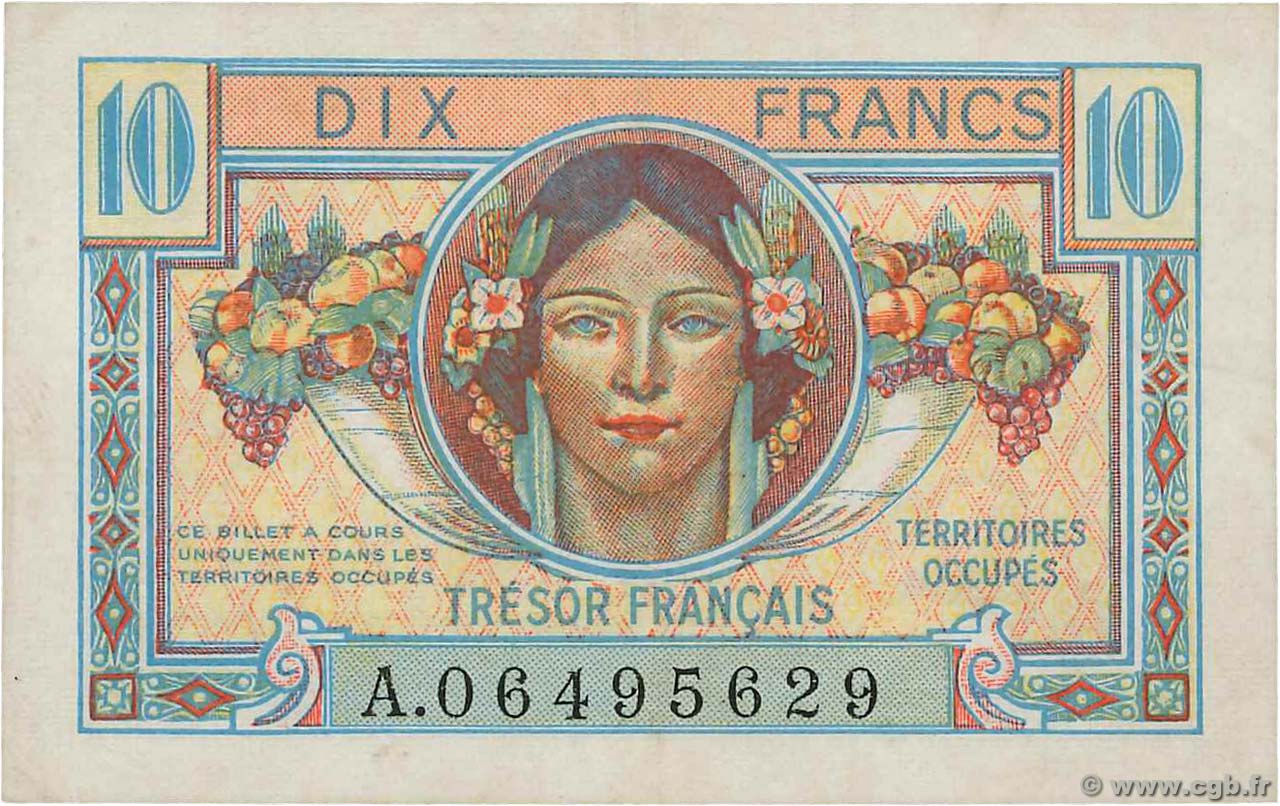 10 Francs TRÉSOR FRANÇAIS FRANKREICH  1947 VF.30.01 fVZ