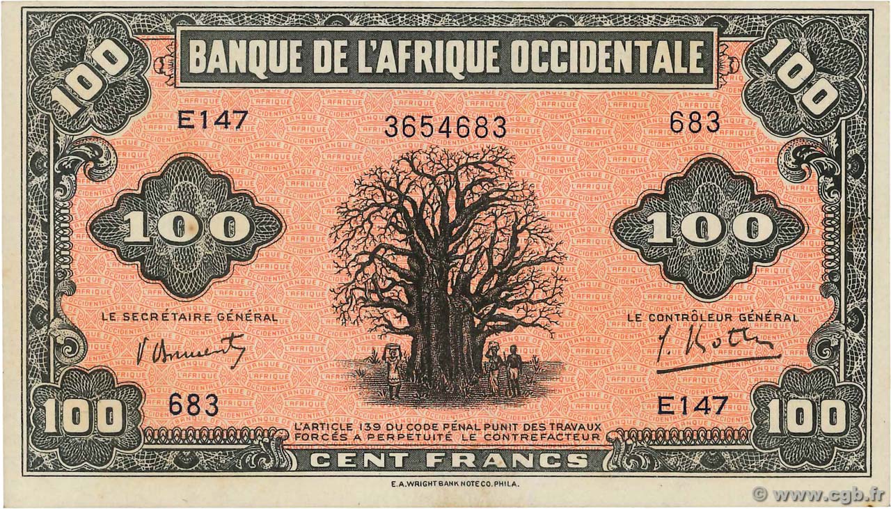 100 Francs FRENCH WEST AFRICA  1942 P.31a fST+