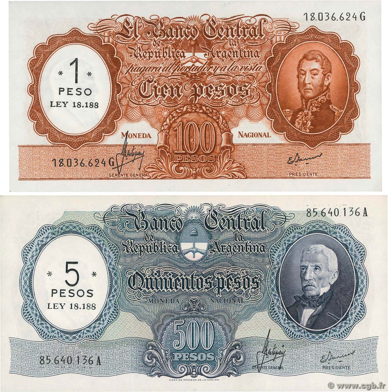 1 Peso sur 100 Pesos et 5 Pesos sur 500 Pesos ARGENTINIEN  1969 P.282 et P.283 fST+