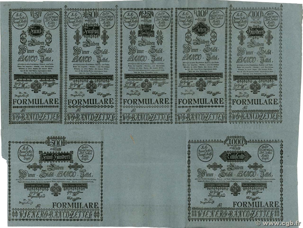 Planche Formular 5 à 1000 Gulden AUSTRIA  1784 P.A015b-021b SPL