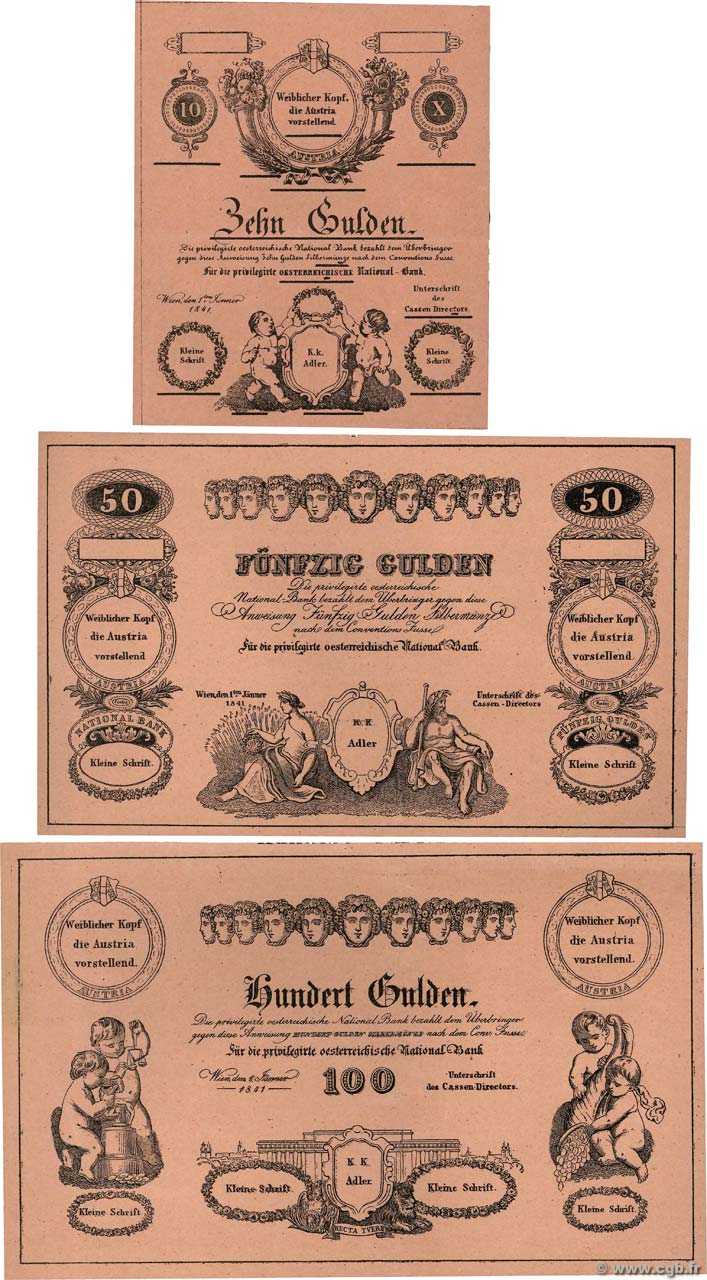 10, 50 et 100 Gulden FORMULAR ÖSTERREICH  1841 P.A071-072-073 fST