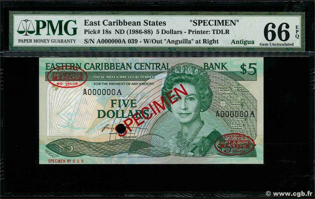 5 Dollars Spécimen EAST CARIBBEAN STATES  1986 P.18s ST