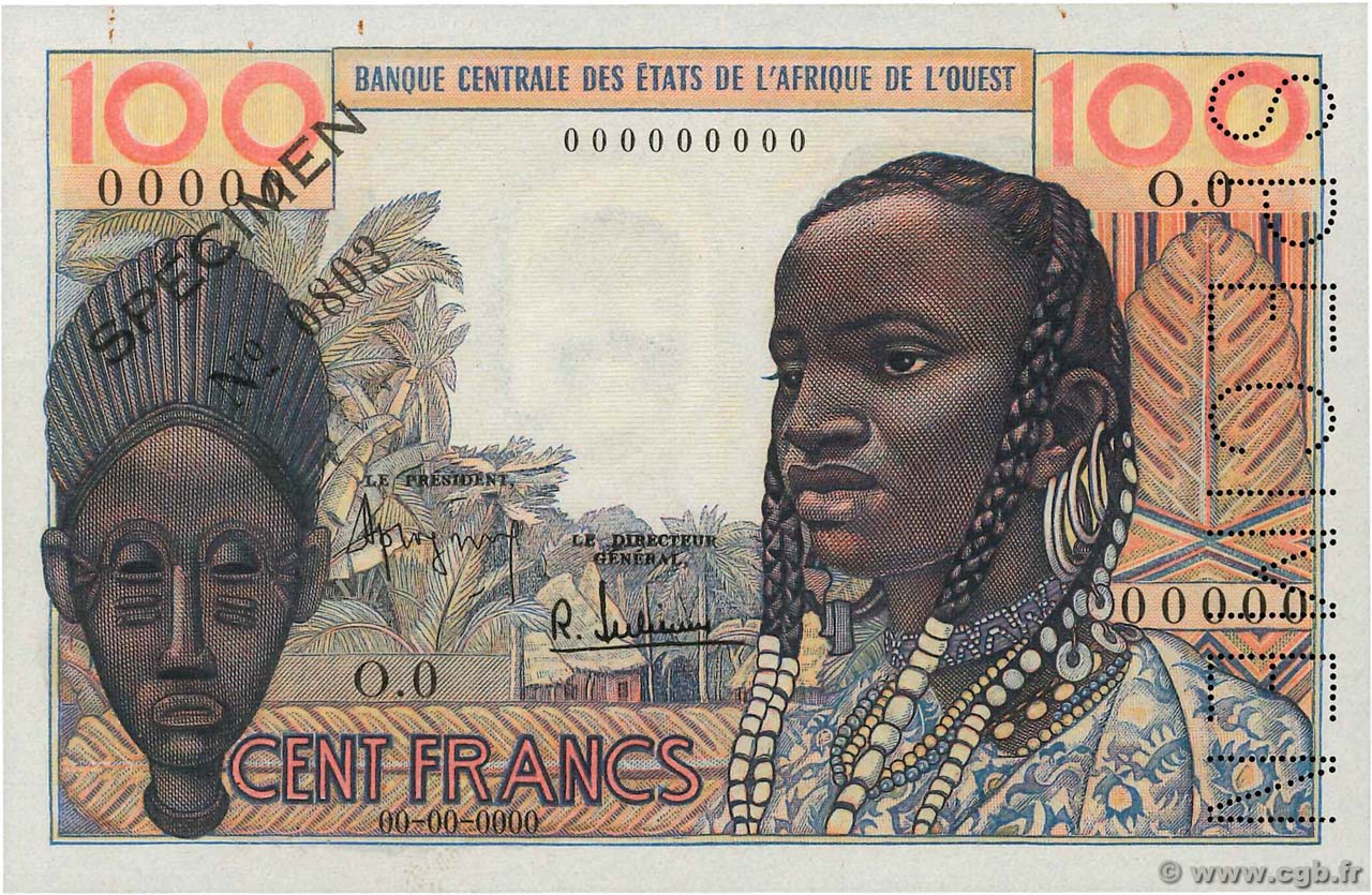 100 Francs Spécimen ÉTATS DE L AFRIQUE DE L OUEST  1963 P.002s VAR pr.NEUF