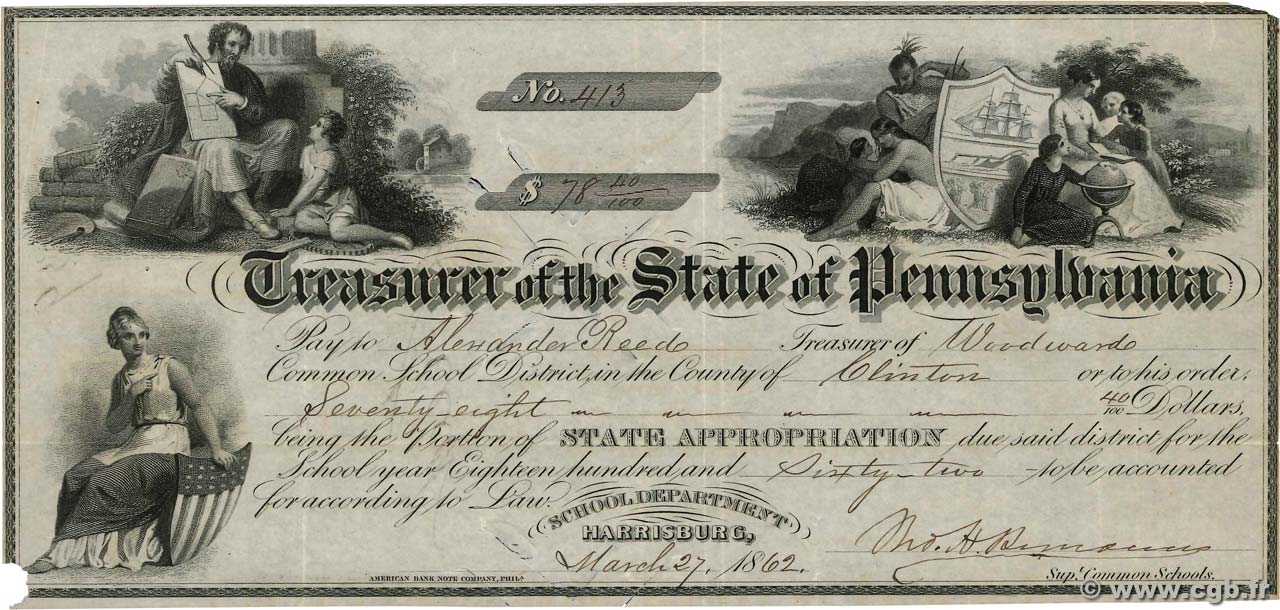 78,40 Dollars UNITED STATES OF AMERICA Philadelphie 1862 DOC.Chèque VF