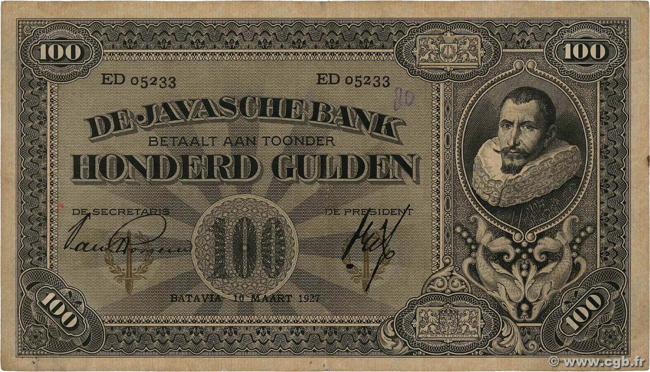 100 Gulden NETHERLANDS INDIES  1927 P.073b VF-