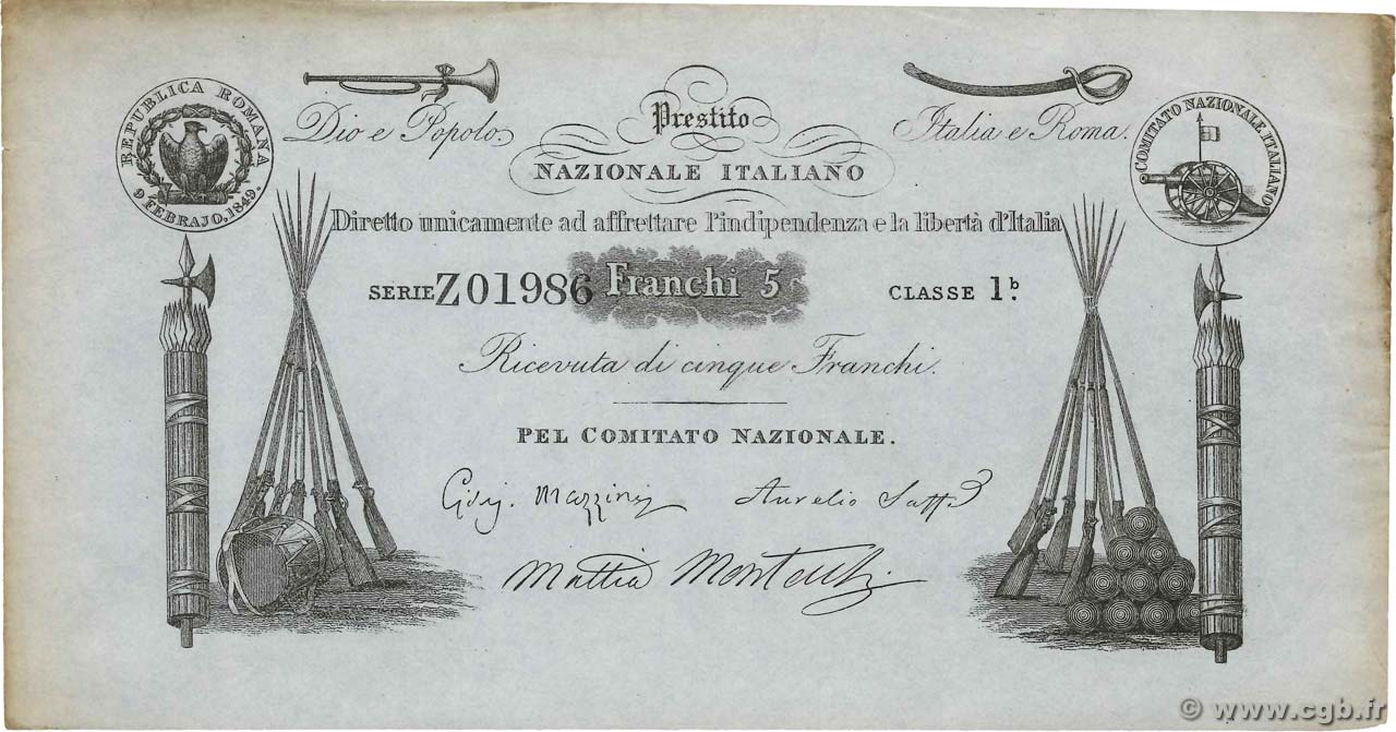 5 Franchi ITALIE  1849 P.- TTB à SUP