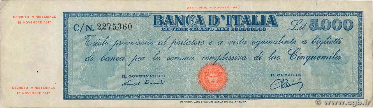 5000 Lire ITALIA  1947 P.086a MBC