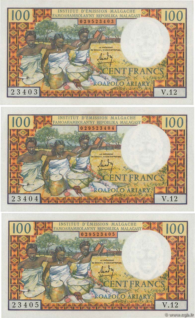 100 Francs - 20 Ariary Consécutifs MADAGASCAR  1966 P.057a AU