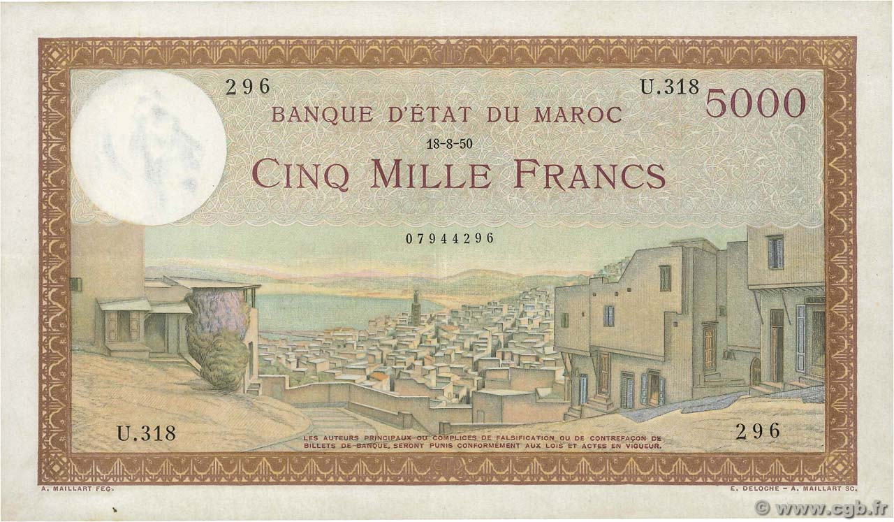 5000 Francs MARUECOS  1950 P.23c MBC+