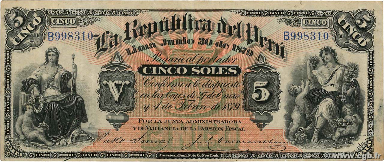 5 Soles PERU  1879 P.004 VF