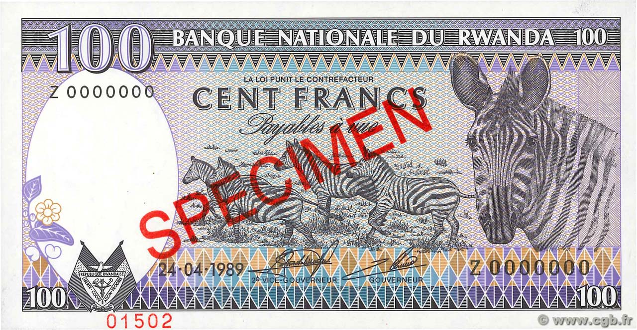 100 Francs Spécimen RUANDA  1989 P.19s ST