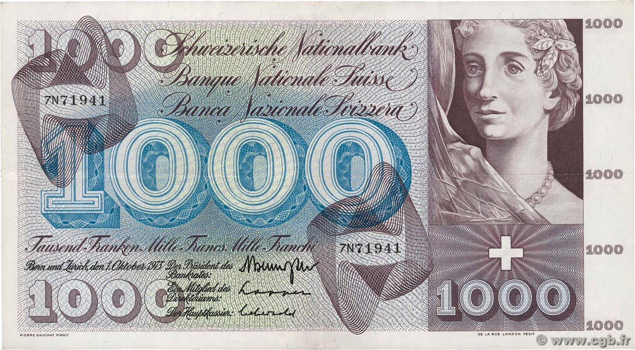 1000 Francs SWITZERLAND  1973 P.52l VF+