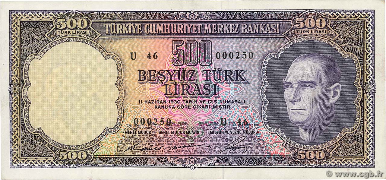 500 Lira TURKEY  1968 P.183 XF+