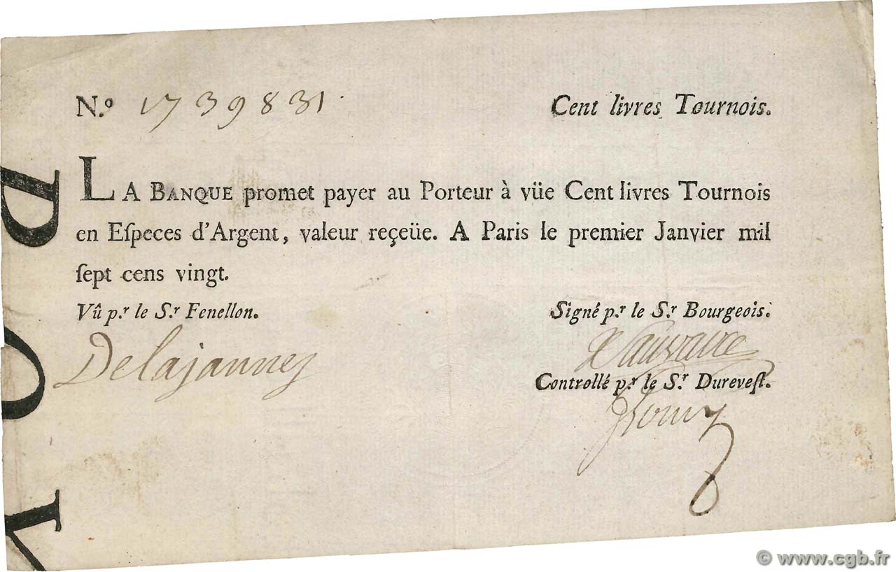 100 Livres Tournois typographié FRANCE  1720 Dor.26 TTB