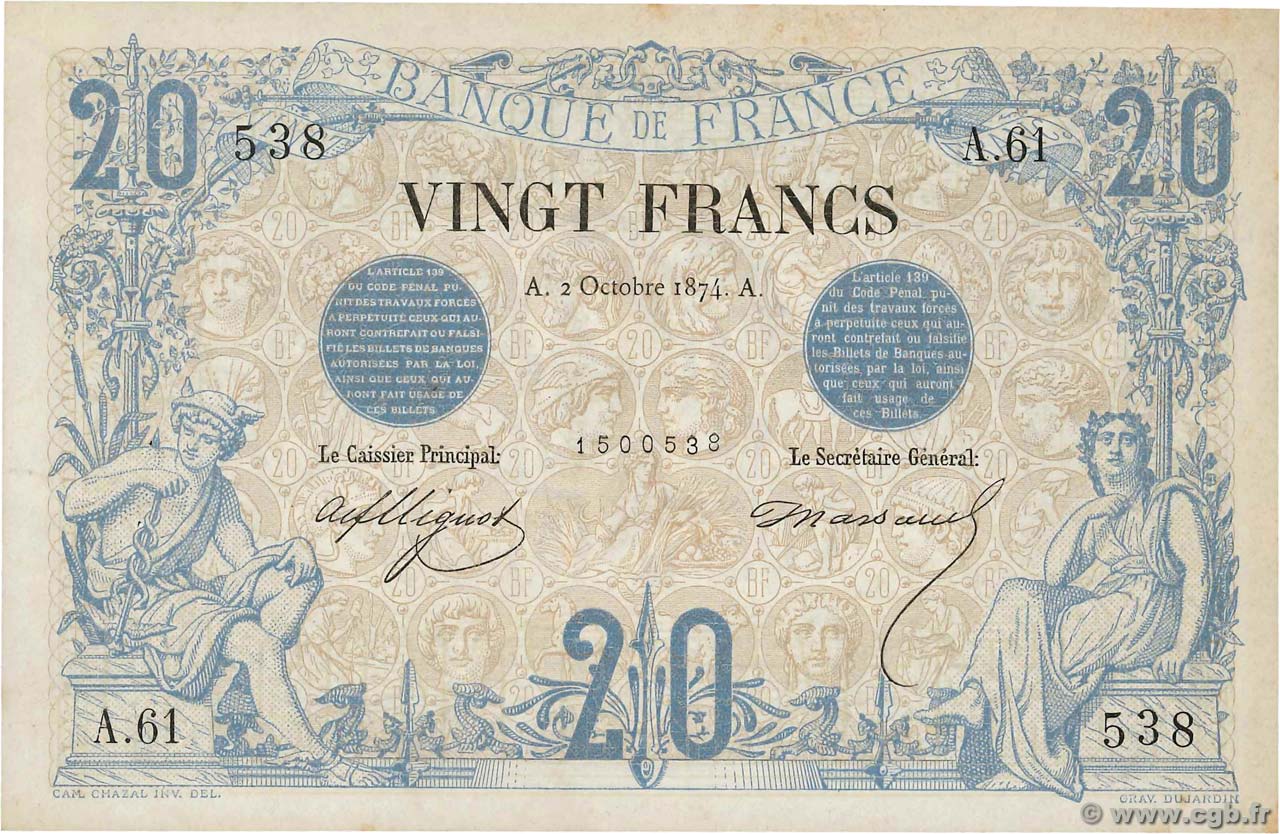 20 Francs NOIR FRANCE  1874 F.09.01 pr.SPL