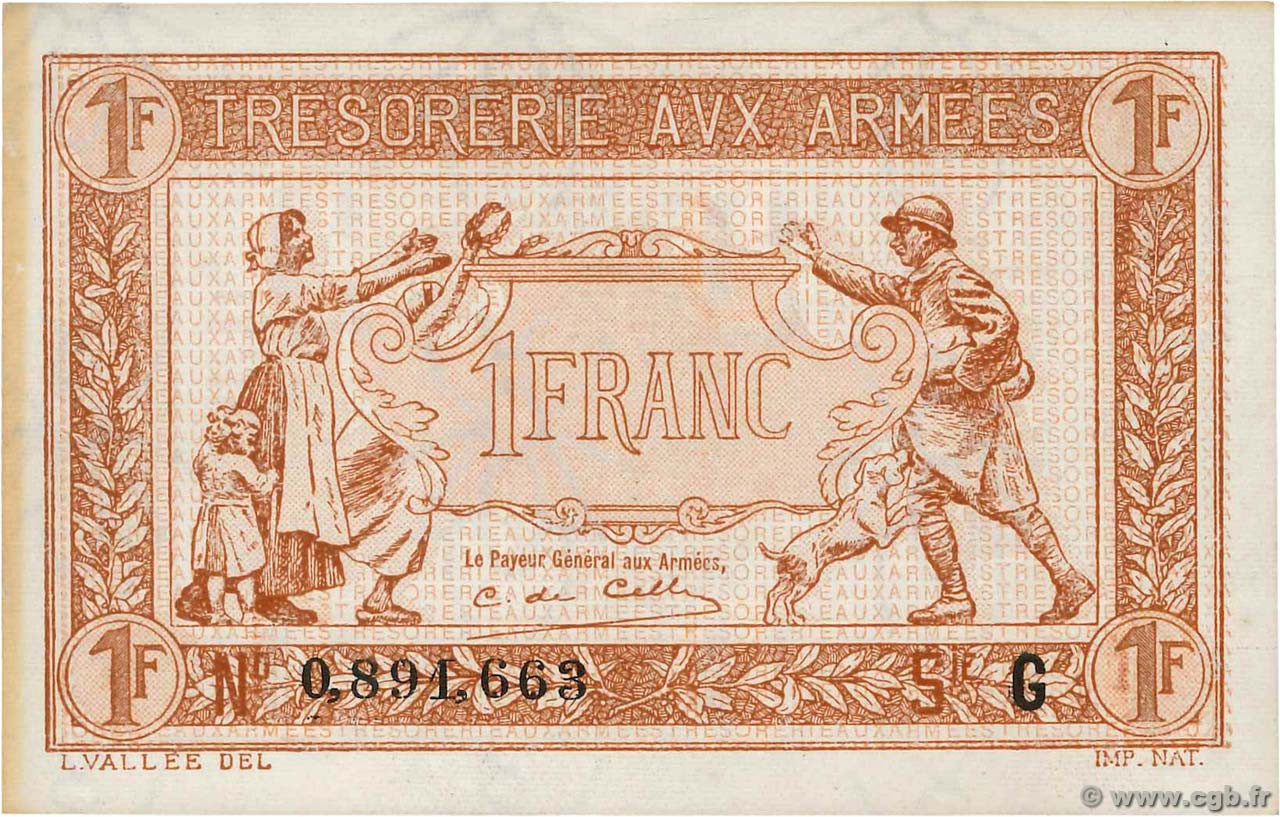 1 Franc TRÉSORERIE AUX ARMÉES 1917 FRANCE  1917 VF.03.07 UNC-