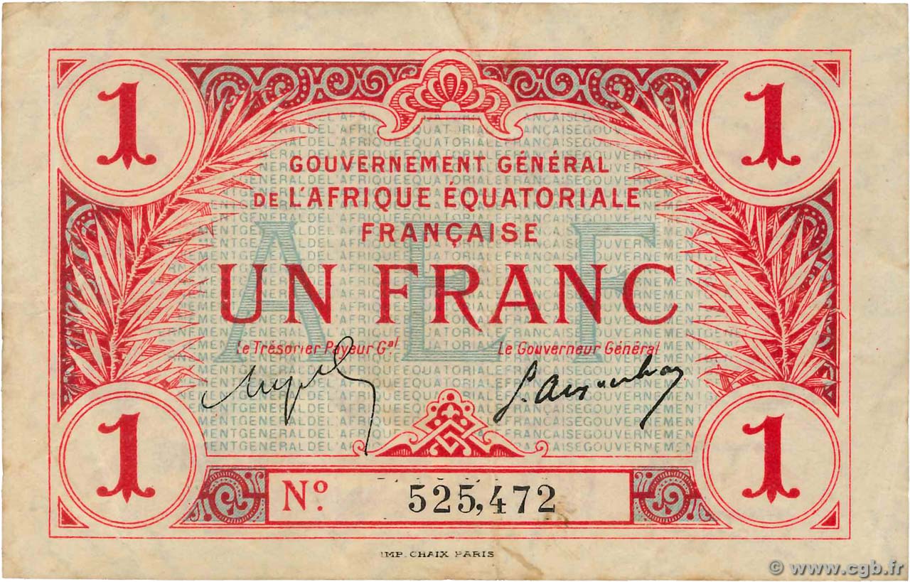 1 Franc AFRIQUE ÉQUATORIALE FRANÇAISE  1917 P.02b MBC