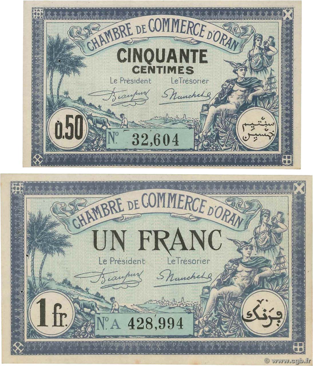 50 Centimes et 1 Franc ALGÉRIE Oran 1923 GB.20 et 21 SPL