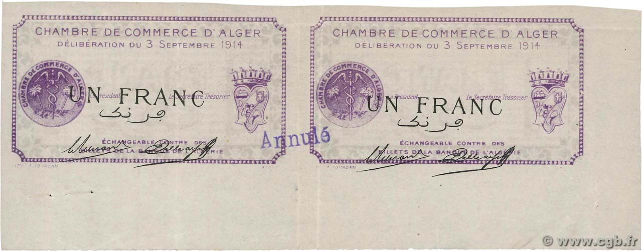 1 Franc Fauté ALGÉRIE Alger 1914 JP.137.01 SPL