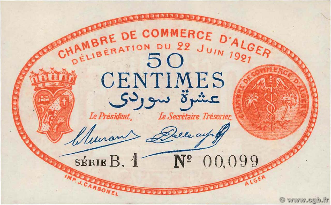 50 Centimes Petit numéro ALGÉRIE Alger 1921 JP.137.19 pr.NEUF