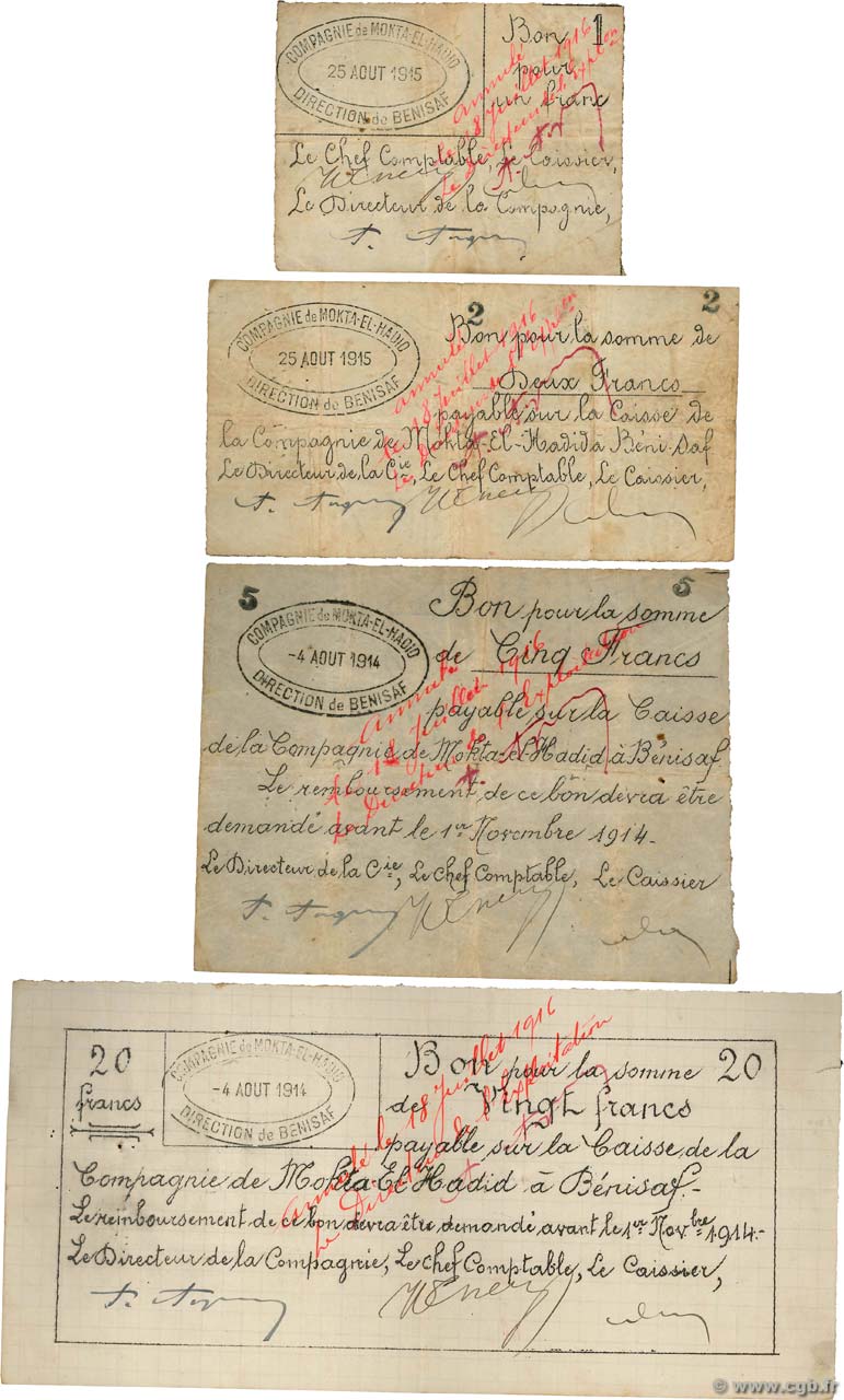 1, 2, 5 et 20 Francs ALGÉRIE Bénisaf 1914 K.302, 303, 305 et 306 TTB