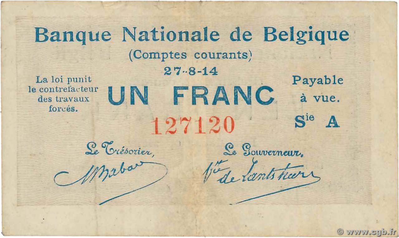 1 Franc BELGIEN  1914 P.081 SS