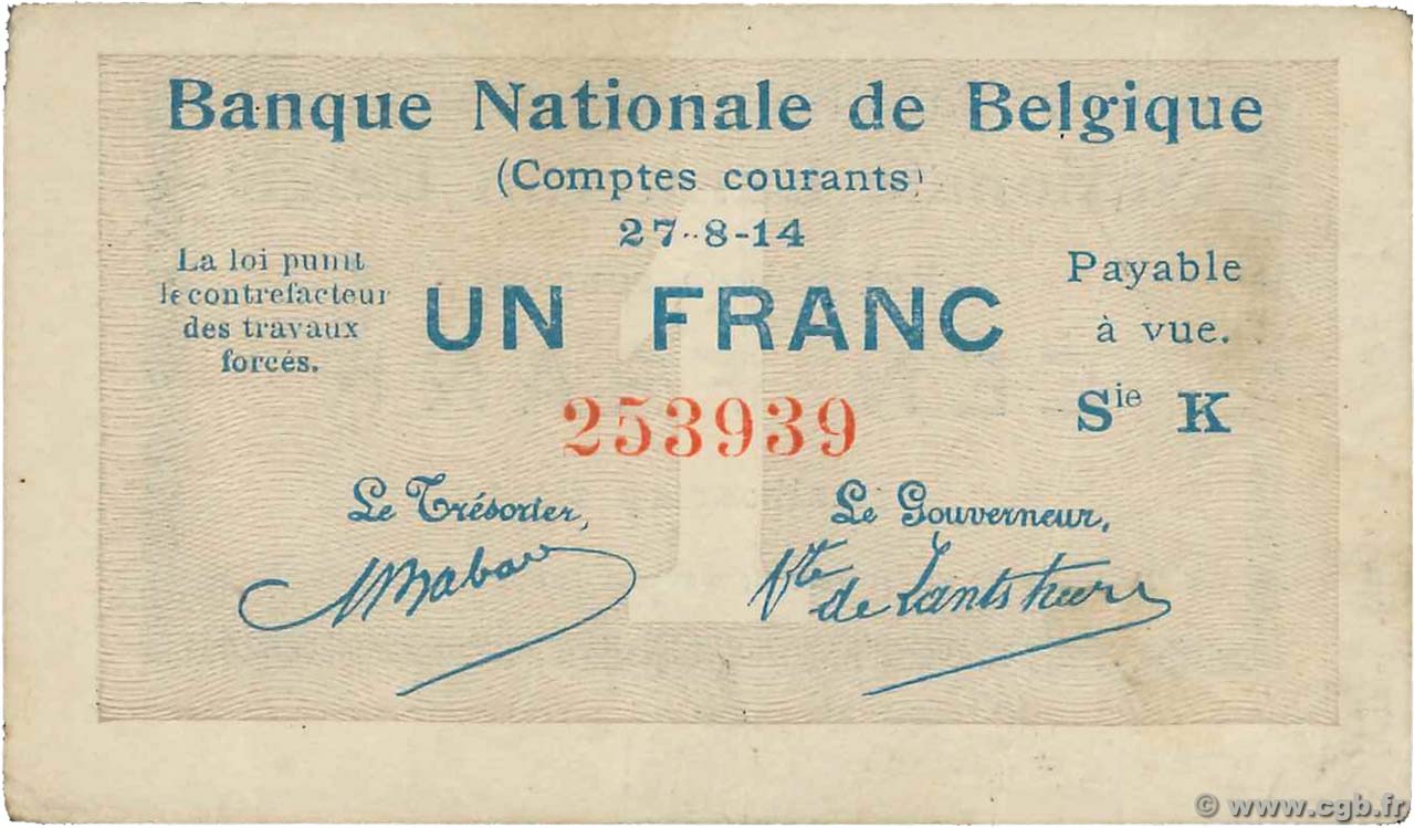 1 Franc BÉLGICA  1914 P.081 MBC+